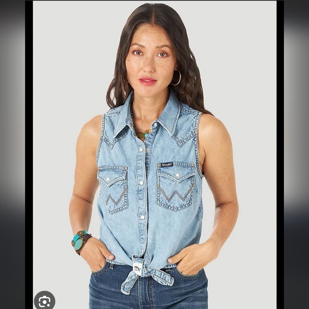 Wrangler Retro 75th Anniversary Sleeveless Denim Pearl Snap Tie Front Top XXL
